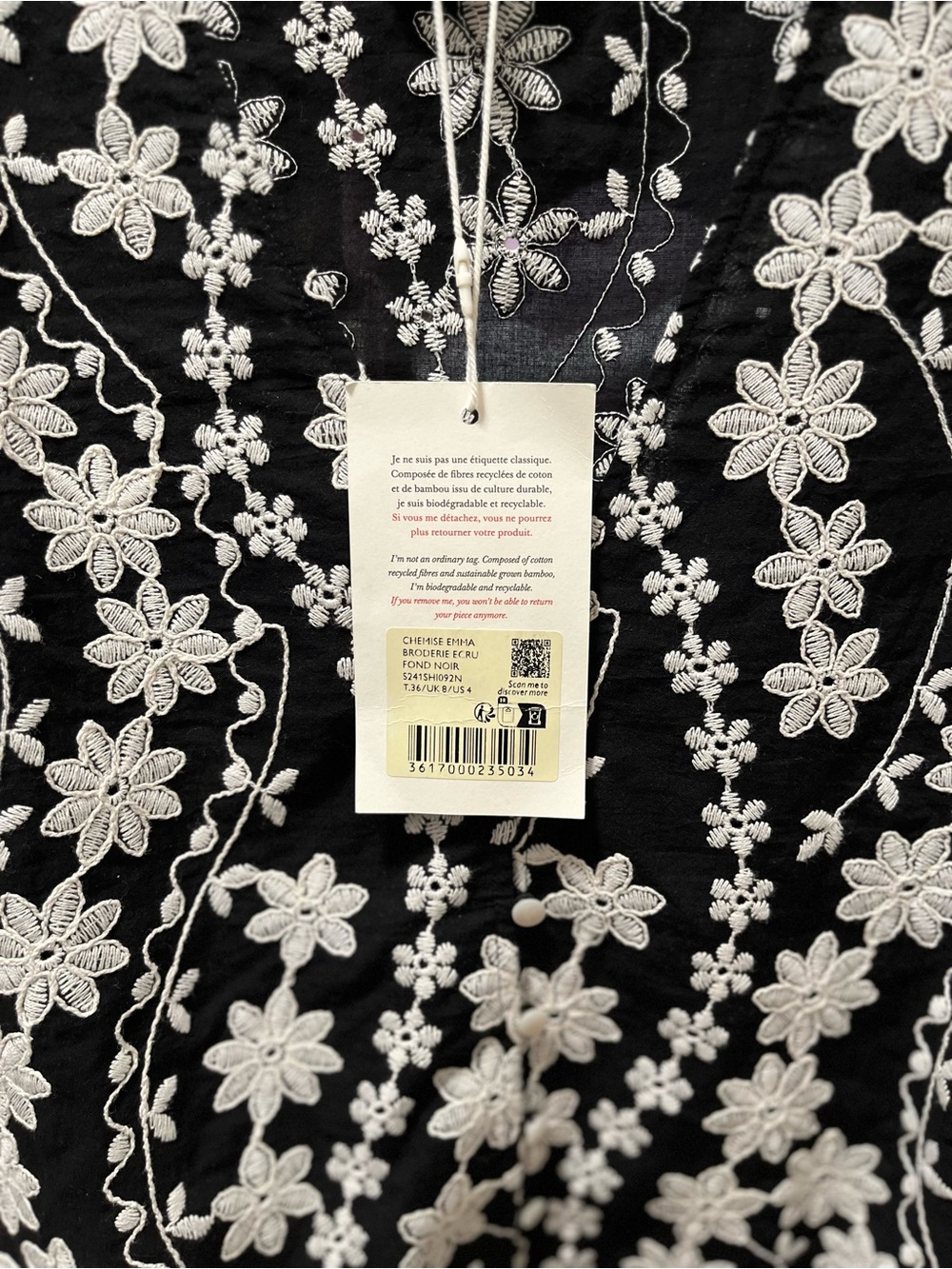 Sezane Black Blouse with White Floral Embroidery - Picture 8 of 9